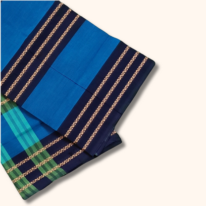 Sky Blue & Navy Blue Chettinad Cotton Saree with Checked Pallu