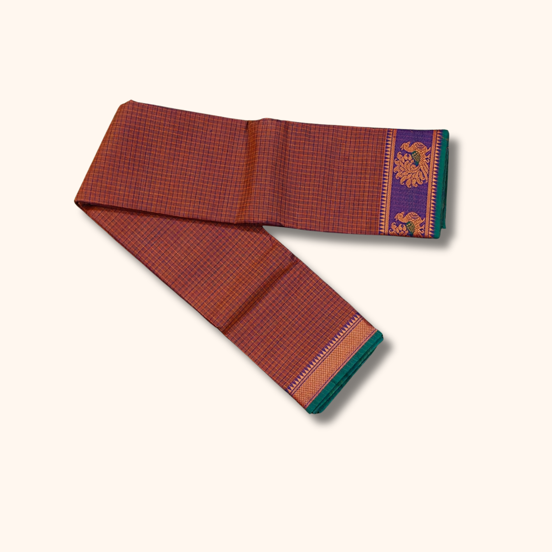 Brown Checked Cotton Saree with Purple & Green Zari Border