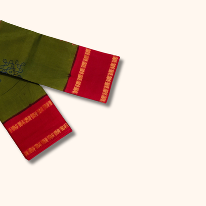 Olive Green Sungudi Cotton Saree with Pink Border