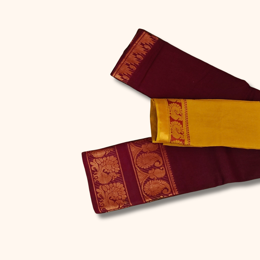 Dark Maroon Cotton Saree with Gold Zari Traditional Border & Mustard Yellow Blouse Piece