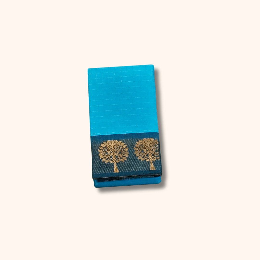 Sky Blue Chettinad Cotton Saree with Tree Motif Gold Zari Border Without Blouse