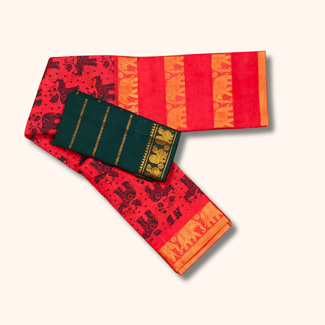 Coral Red Elephant Print Cotton Saree with Separate Blouse