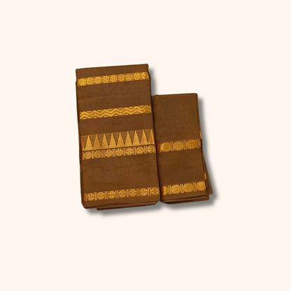 Coffee Brown Pure Sungudi Cotton Saree with Gold Zari Stripes - Separate Blouse