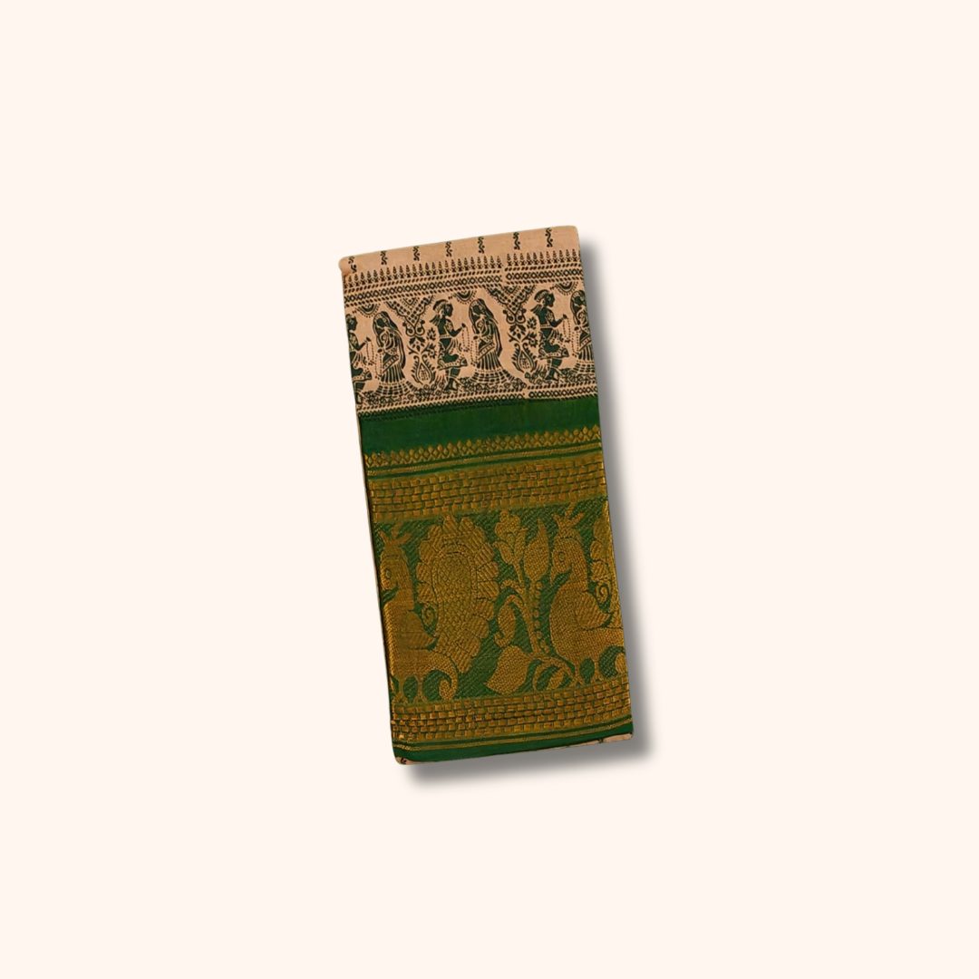 Cream Sungudi Cotton Saree with Green Contrast Zari Border