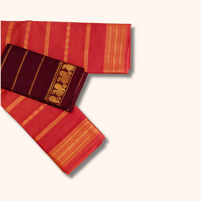 Tomato Red Sungudi Cotton Saree with Maroon Peacock Border Blouse