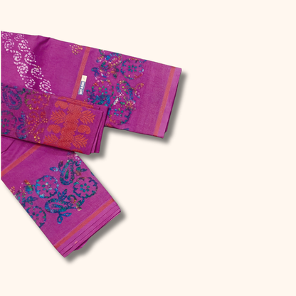 Purple Sungudi Cotton Saree with Multicolor Batik Paisley Design & Matching Blouse Piece