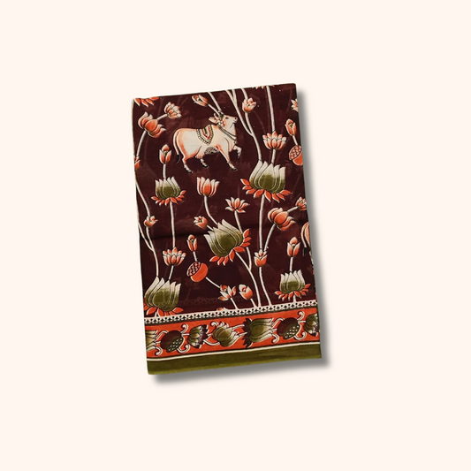 Maroon Kalamkari Cotton Saree with Lotus & Elephant Motifs