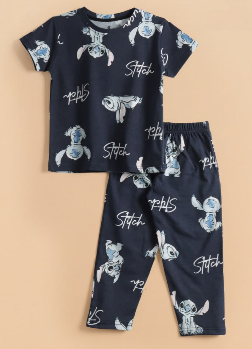 Kids Unisex Pure Cotton T-Shirt & Pant Set – Cartoon Print Comfort Wear (Navy Blue)