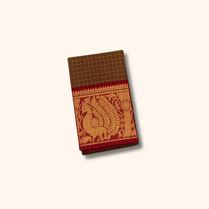 Brown Chettinad Cotton Saree with Peacock Border
