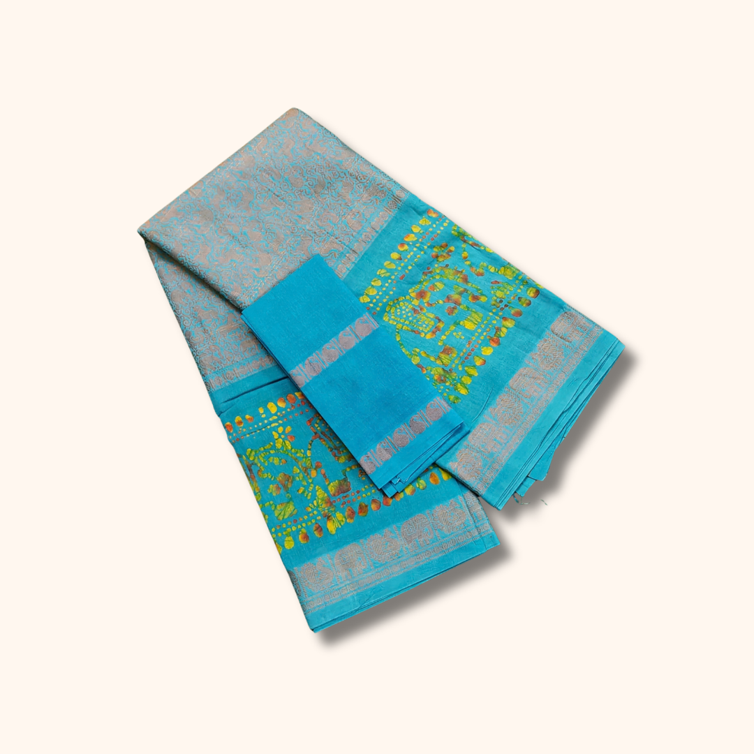 Turquoise Blue Traditional Pattern Saree with Separate Blouse Piece