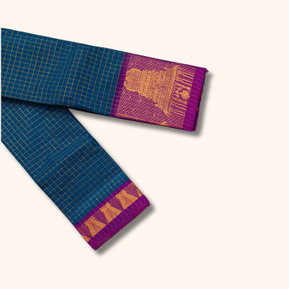 Teal Blue Chettinad Cotton Saree with Gopuram Border