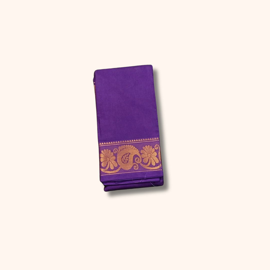Purple Pure Cotton Saree with Traditional Paisley & Floral Border – Running Blouse