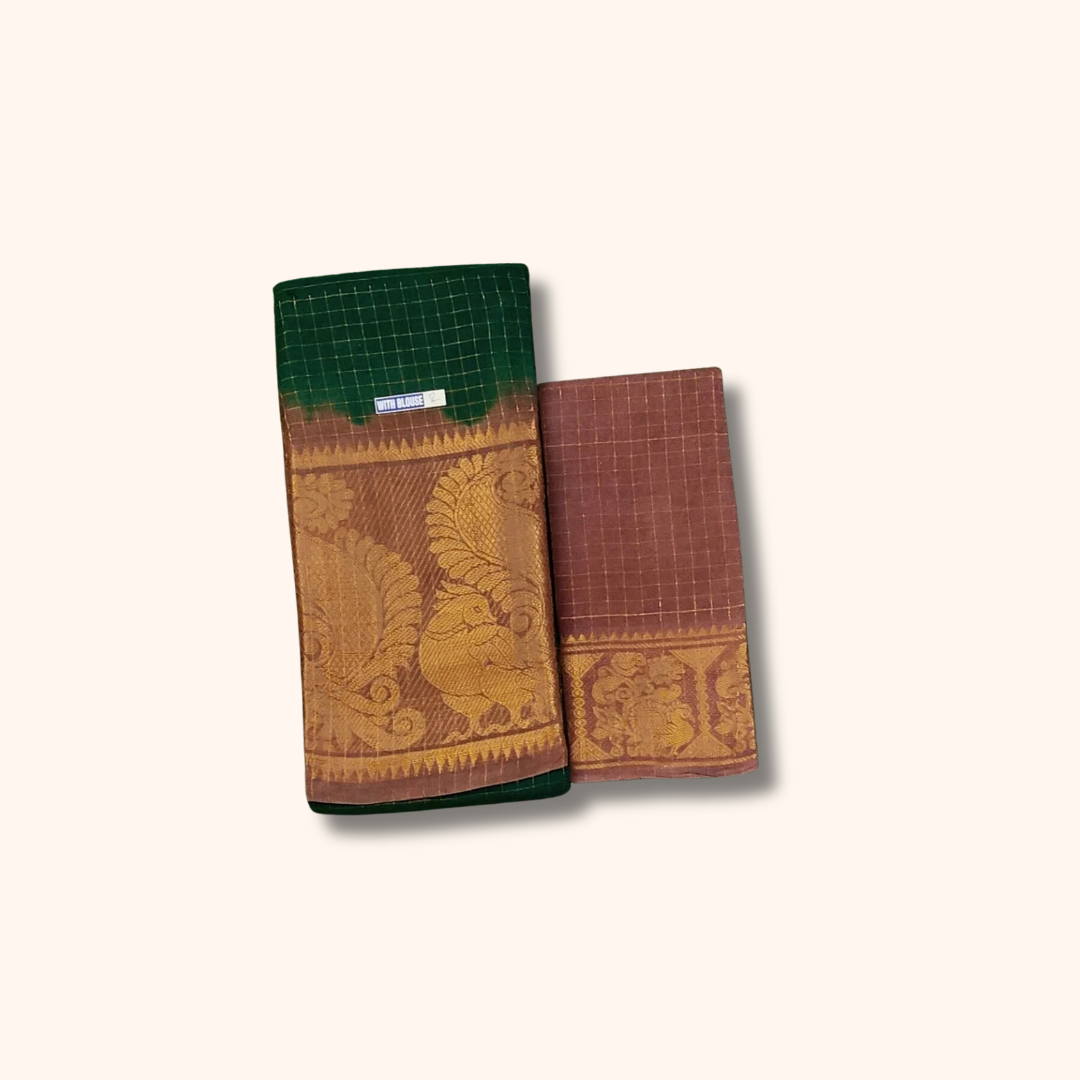 Dark Green & Maroon Sungudi Cotton Saree with Peacock Paisley Pallu – Separate Blouse Piece