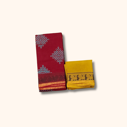 Maroon Sungudi Cotton Saree with Kolam Motifs & Mustard Yellow Blouse Zari Border