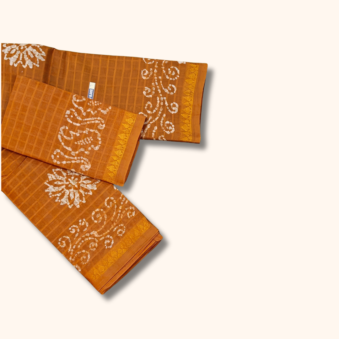 Peach Orange Sungudi Cotton Saree with White Batik Floral Design & Matching Blouse Piece