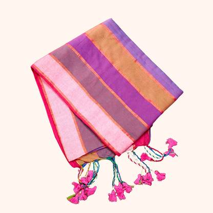 Mulmul Cotton Saree in Pink, Lavender & Gold Stripes with Running Blouse