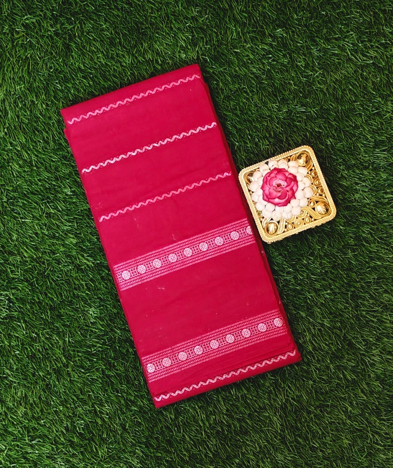Rose Pink Striped Cotton Saree with Contrast Woven Border
