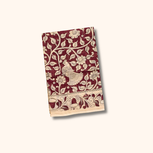 Maroon Kalamkari Cotton Saree with Butterfly & Floral Print –