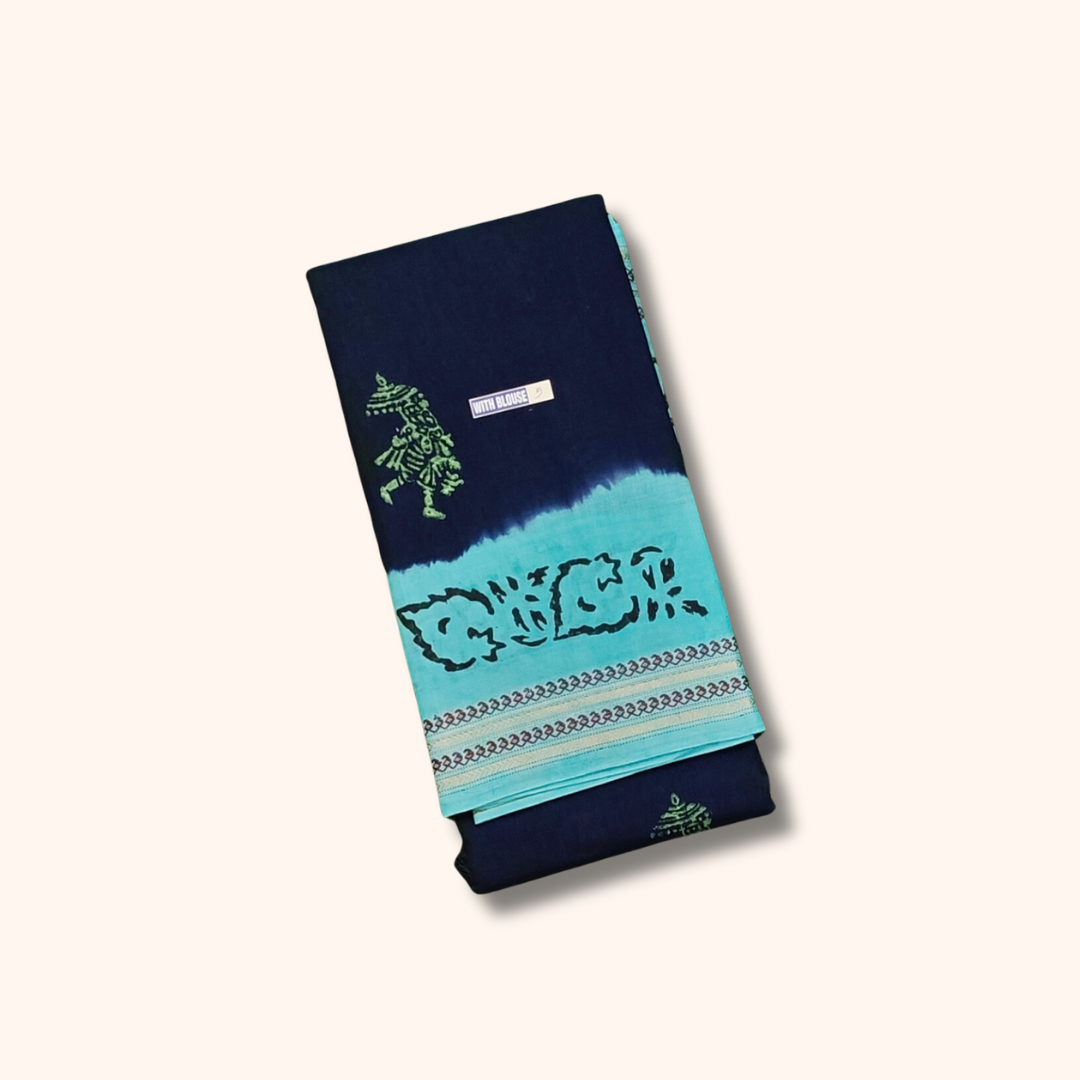 Navy Blue & Aqua Blue Batik Cotton Saree with Running Blouse