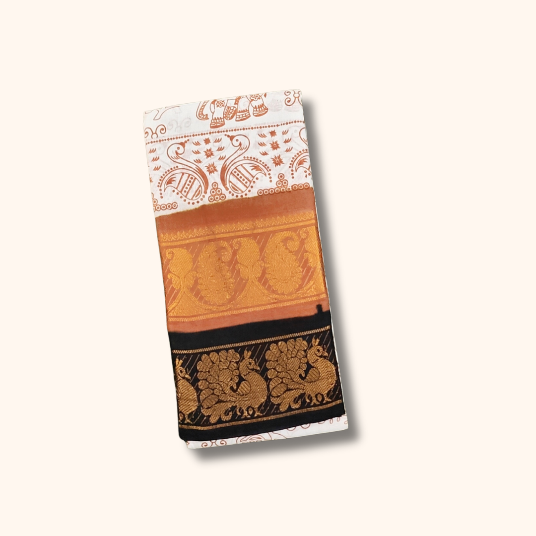 White Double Border Cotton Saree with Traditional Peacock Border