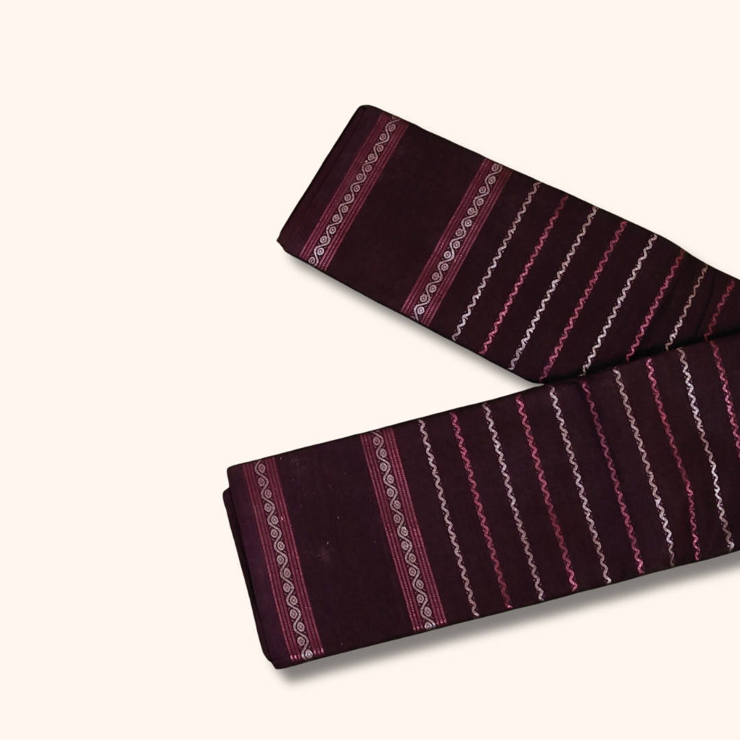Dark Coffee Brown Cotton Saree with Pink and White Stripe Design – Running Blouse