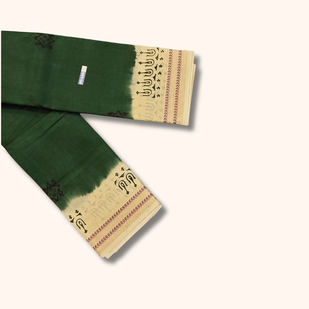 Bottle Green Sungudi Cotton Saree with Cream Contrast Border