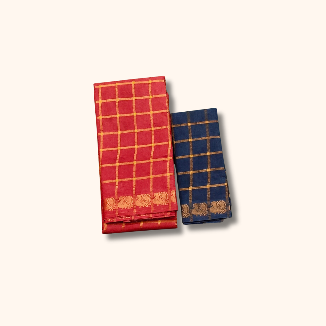 Tomato Red Pavithra Kattam Sungudi Cotton Saree with Gold Zari Checks – Separate Blouse Piece