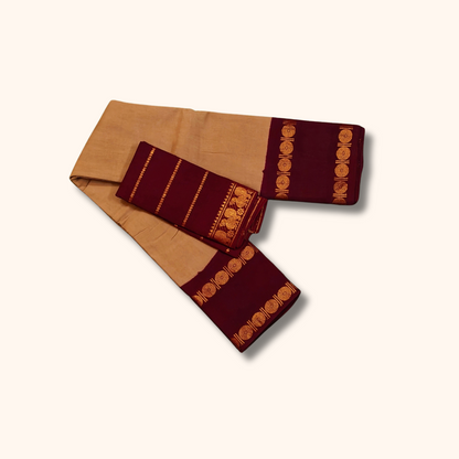 Beige & Maroon Cotton Saree with Gold Zari Circular Motifs & Border – Separate Blouse
