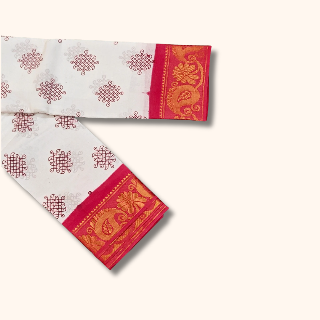 Off White Sungudi Cotton Saree with Rani Pink Peacock Border