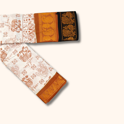 White Double Border Cotton Saree with Traditional Peacock Border