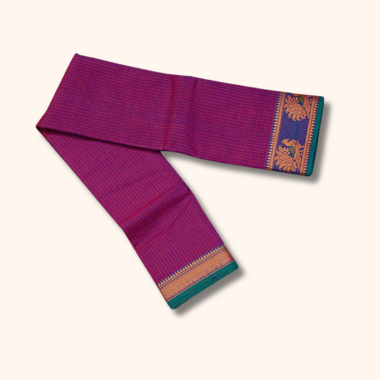 Purple Chettinad Cotton Saree with Traditional Peacock Border
