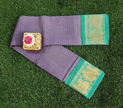 Grey Sungudi Cotton Saree with Contrast Green Border