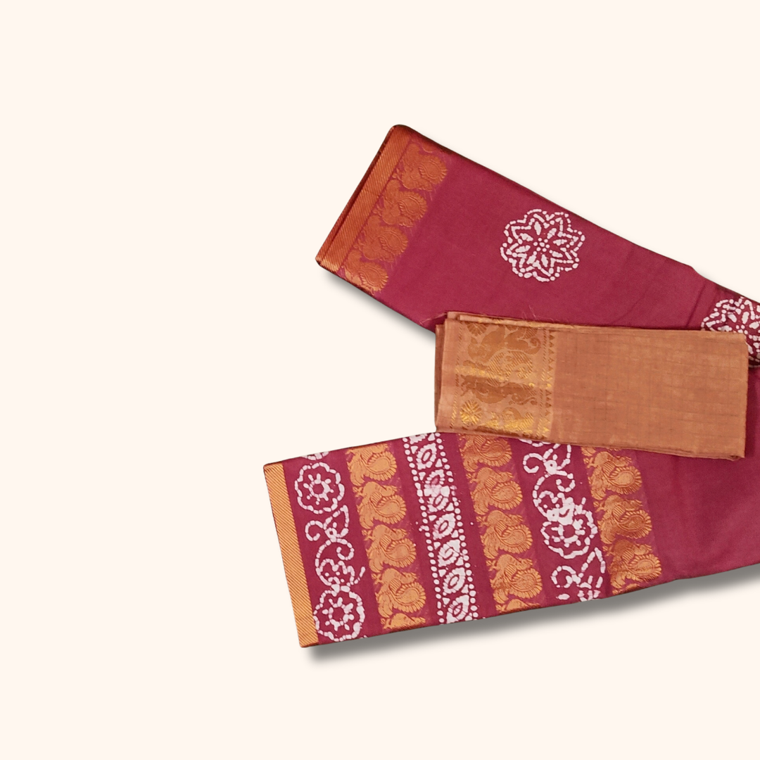 Rosewood Pink Pure Cotton Saree with Contrast Blouse Piece