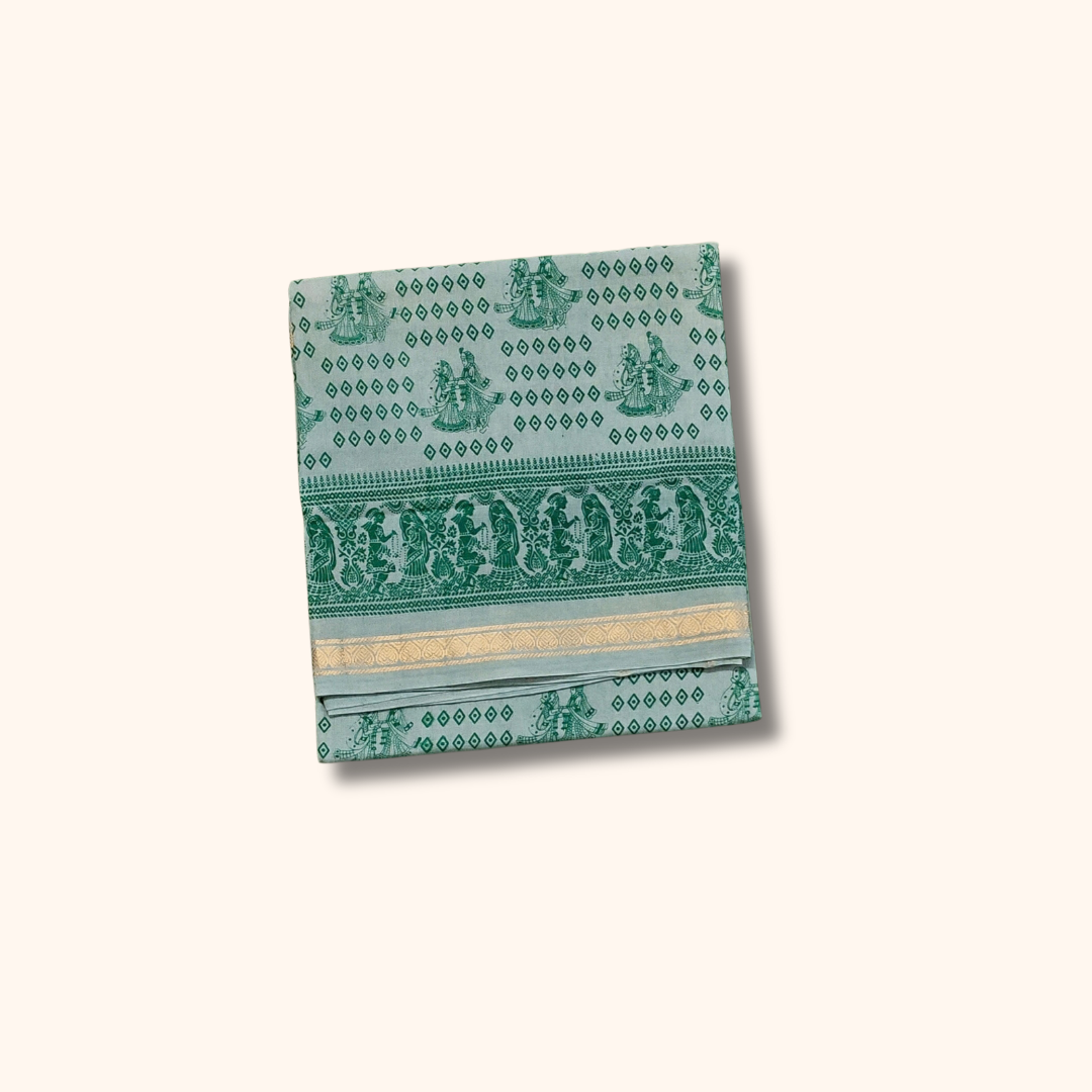 Light Mint Green Pure Sungudi Cotton Saree with Traditional Green Motifs & Gold Zari Border – No Blouse