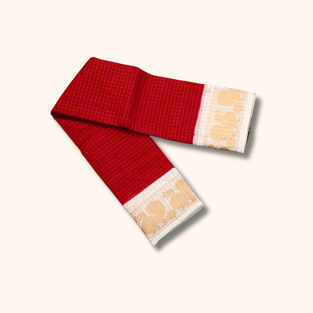 Red Sungudi Cotton Saree with Cream Gold Zari Border – Running Blouse