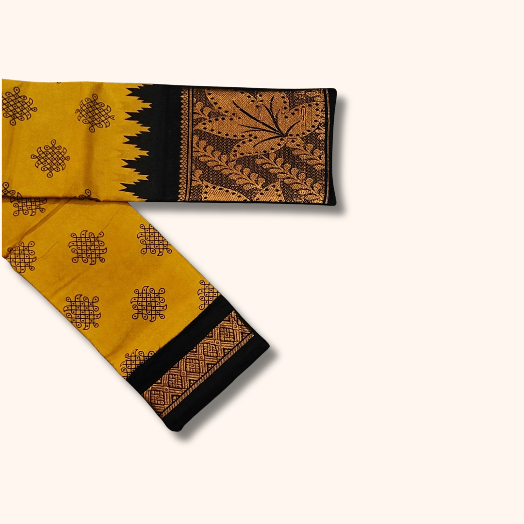 Mustard Yellow Kolam Cotton Saree with Black Rich Floral Pallu