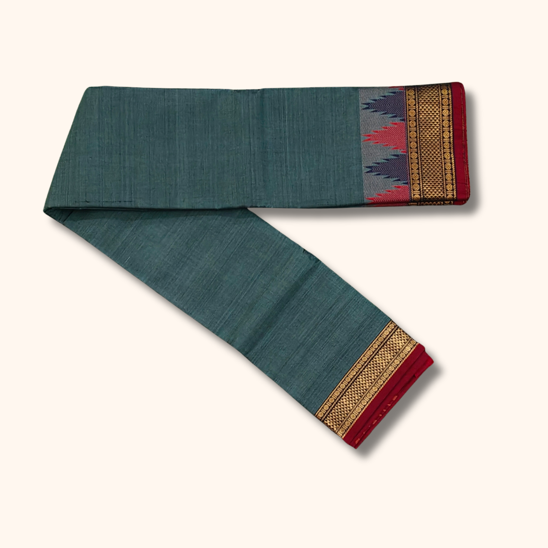 Steel Blue Chettinad Cotton Saree with Temple Border