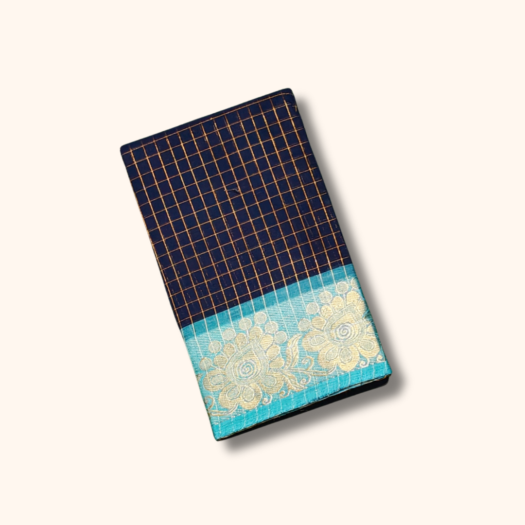 Dark ink Blue Chettinad Cotton Saree with Aqua Blue Floral Border