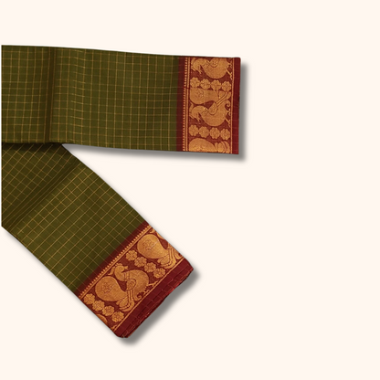Beautiful Olive Green Checked Chettinad Cotton Saree