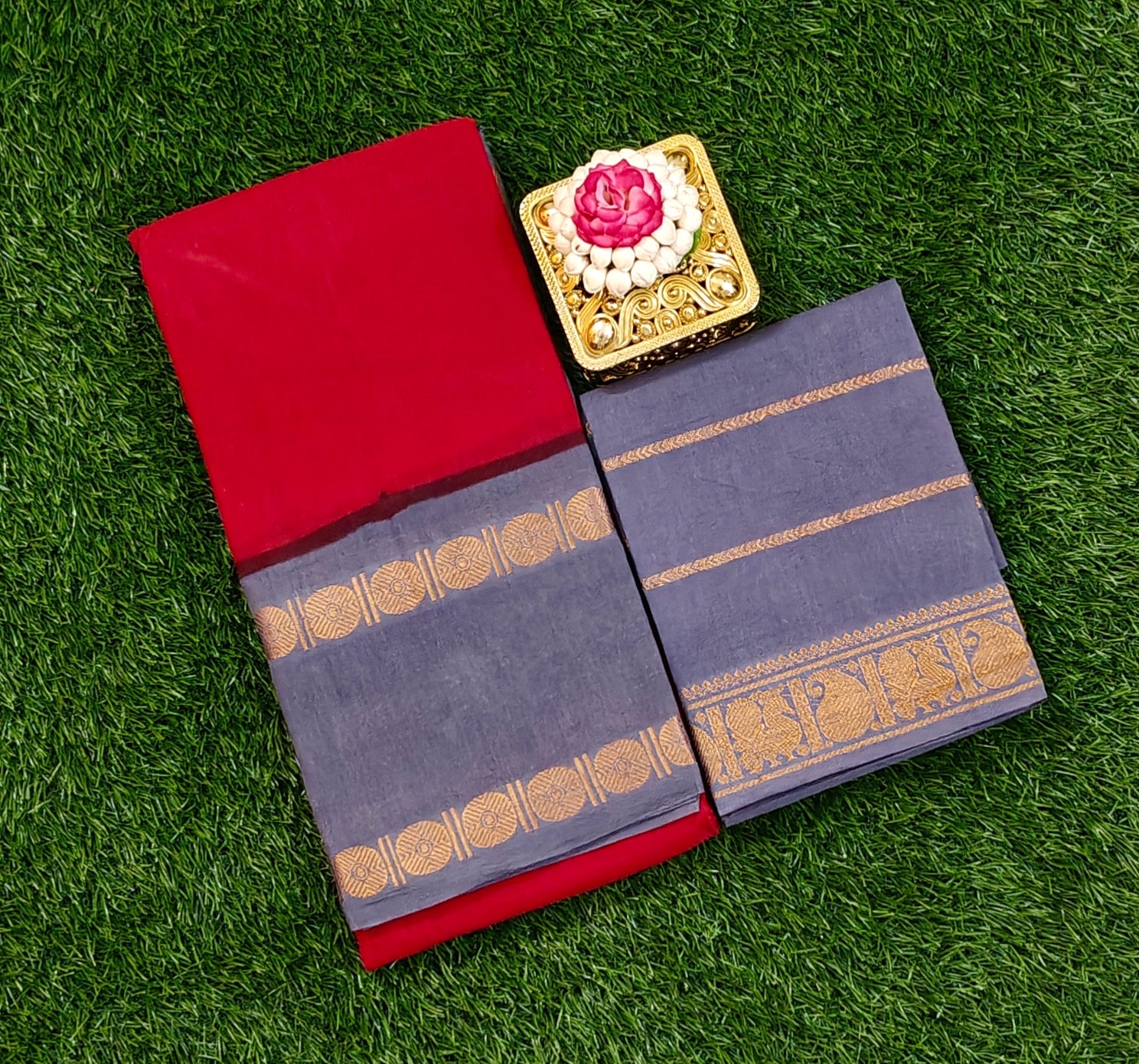 Authentic Pure Cotton Sungudi Saree Grey with Maroon Border