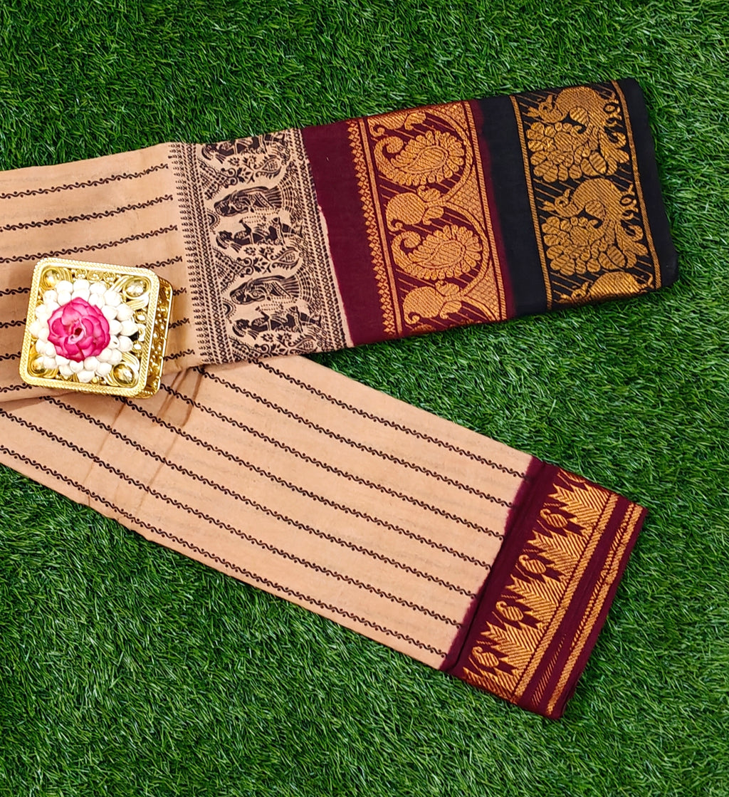 Sand Beige with Maroon Zari Border Sungudi Cotton Sarees