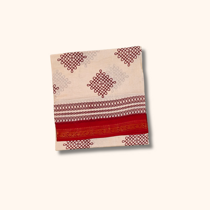 Off-White Kolam Design Cotton Saree with Red Border