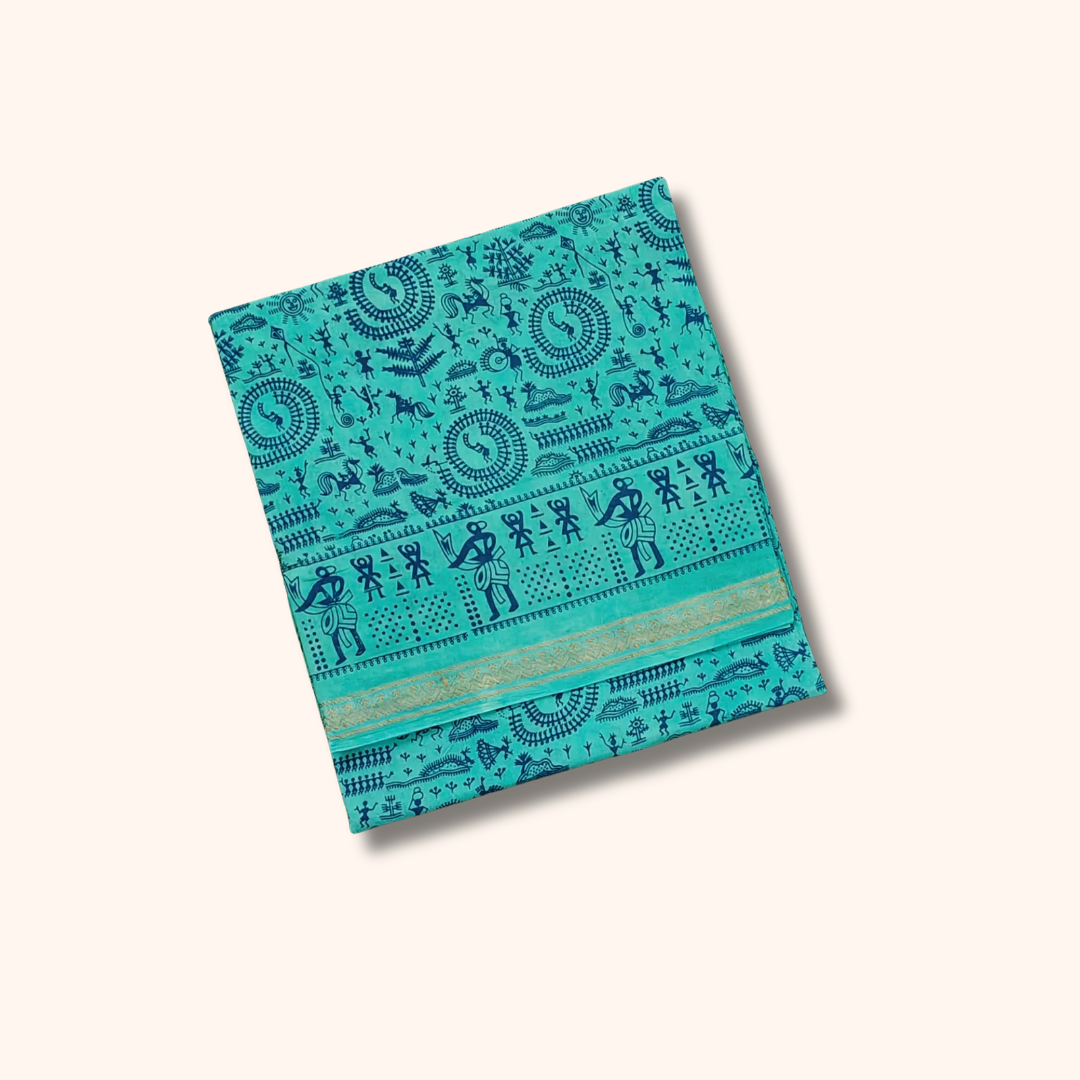 Turquoise Warli Art Print Cotton Saree with Traditional Border