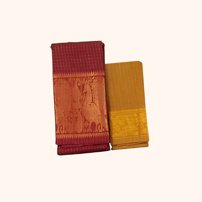 Maroon Sungudi Cotton Saree with Gold Zari Peacock Border & Mustard Separate Blouse