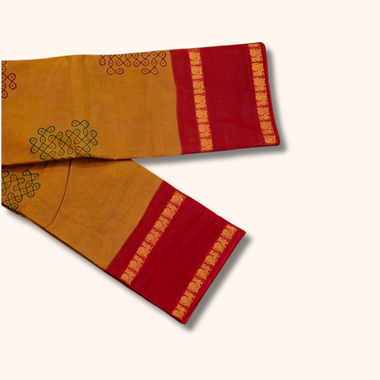 Mustard Yellow Kolam Design Cotton Saree with Red Border – Running Blouse