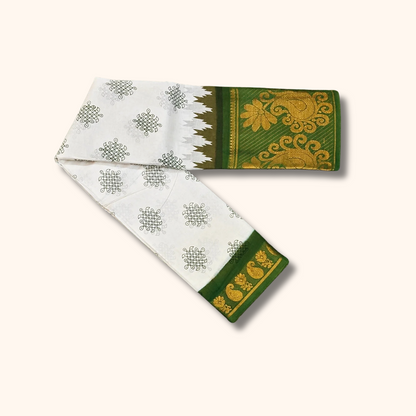 White & Bottle Green Traditional Sungudi Cotton Saree with Designer Green Zari Border