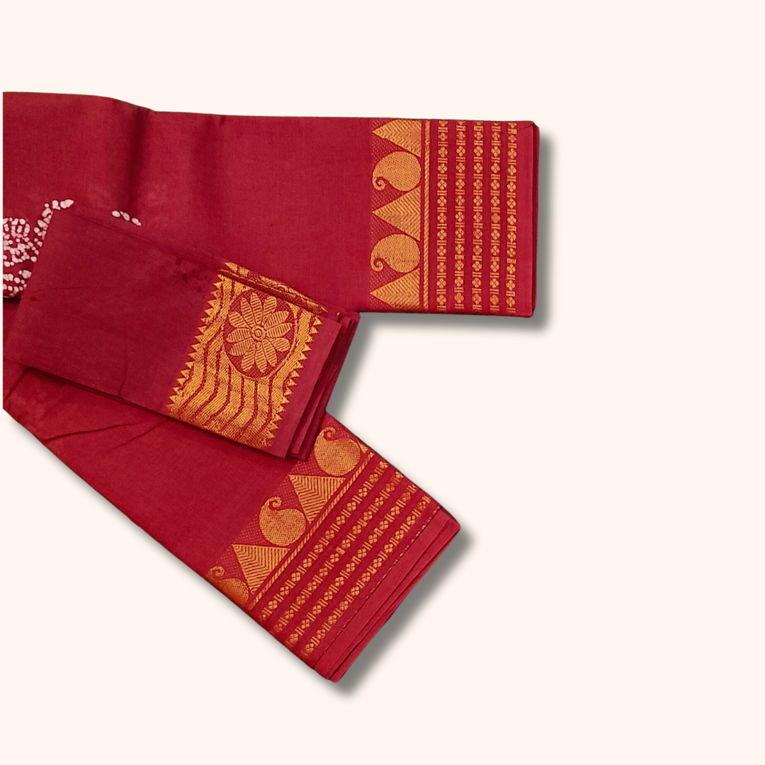 Red Sungudi Cotton Saree with Traditional Gold Zari Border & Separate Blouse Piece