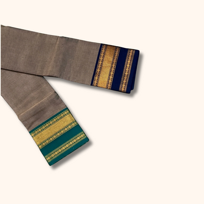Grey Chettinad Cotton Saree with Blue & Teal Zari Border