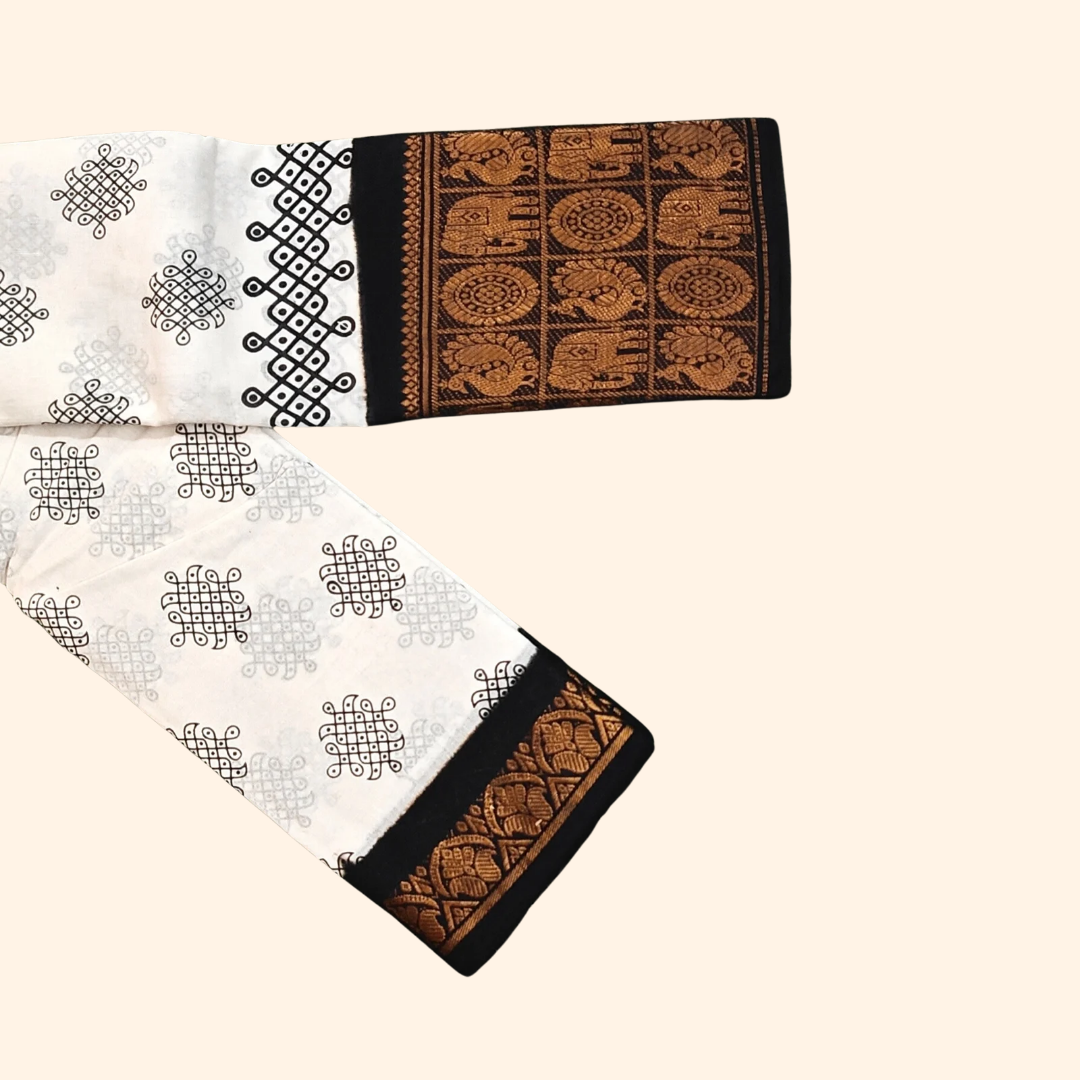 White Kolam Cotton Saree with Black Temple Border & Traditional Elephant Motifs