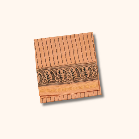 Peach Cotton Saree with Traditional Kalamkari Inspired Border